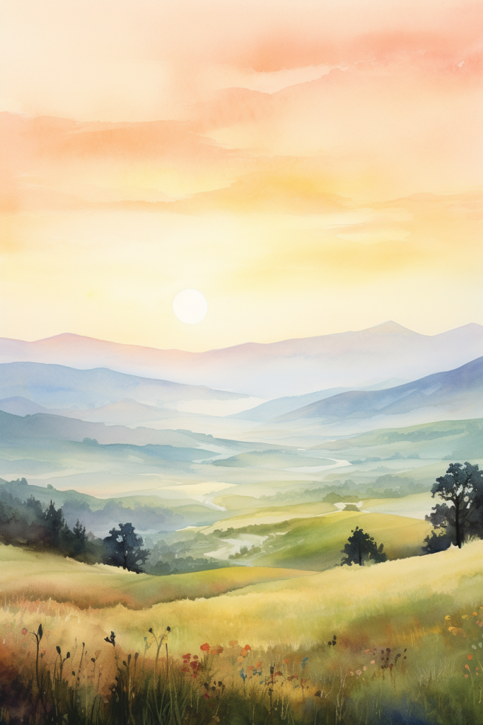 A watercolor painting of a landscape with a sunset.