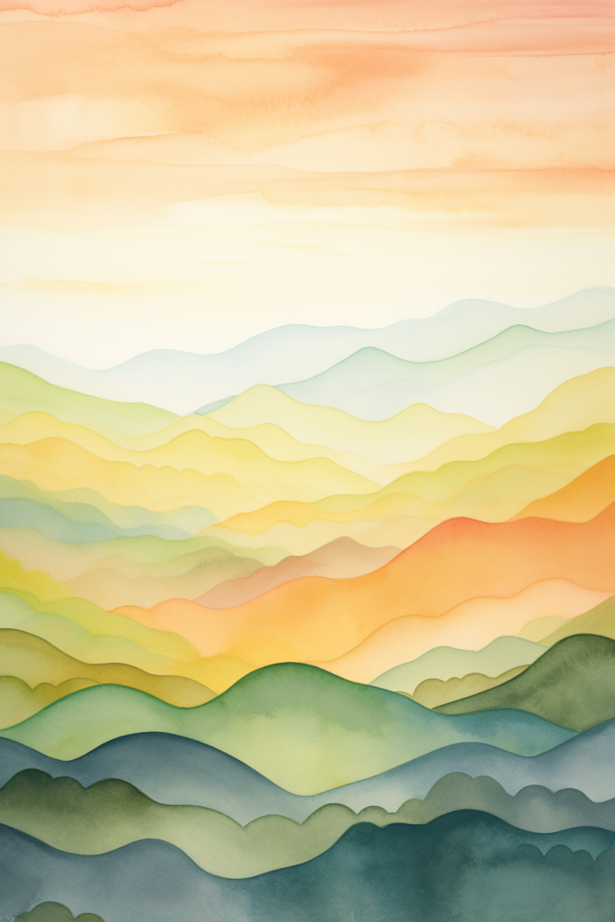 A watercolor painting of mountains at sunset.