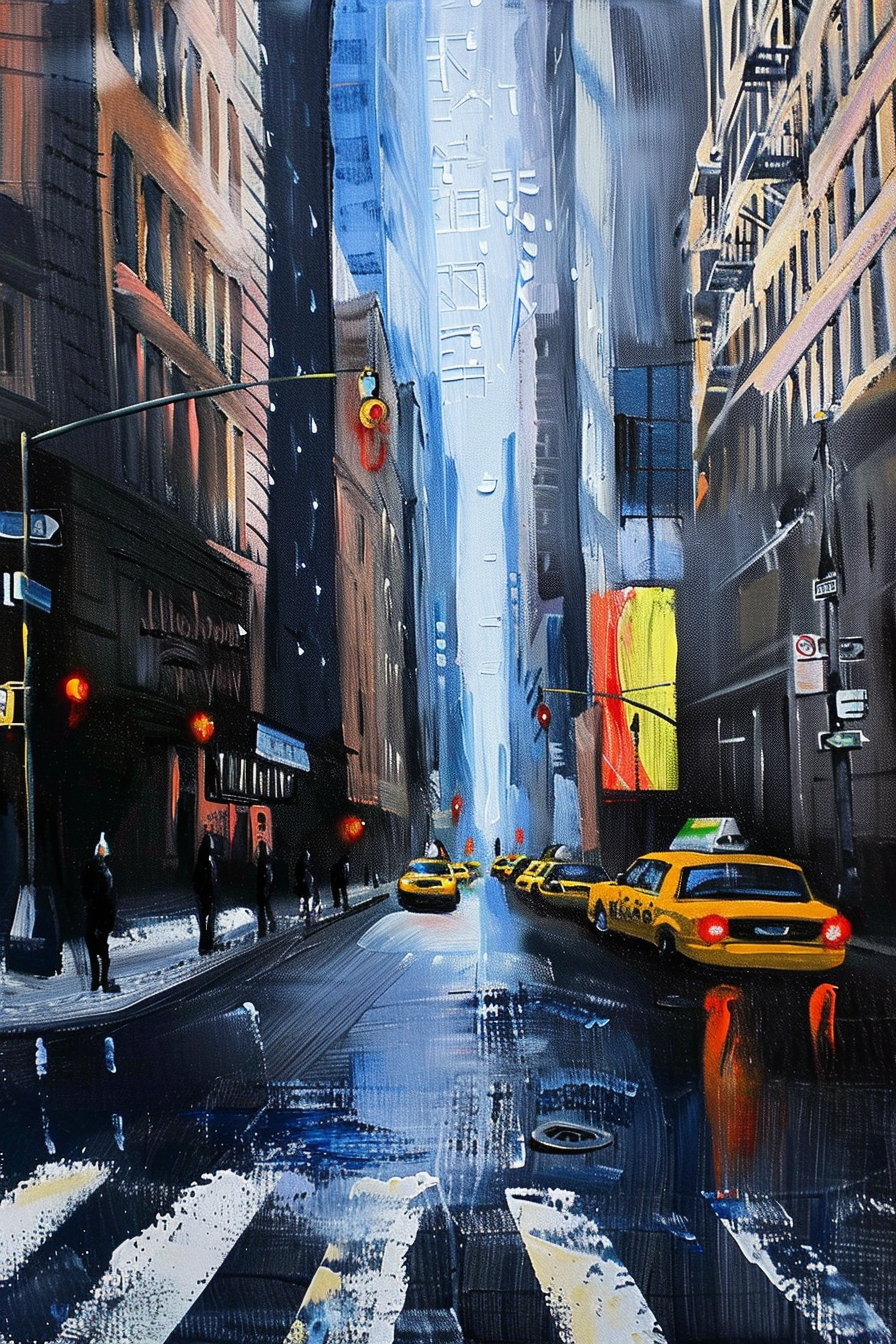 Vibrant painting of a bustling city street with pedestrians and yellow taxis, reflecting skyscrapers on the wet road surface.