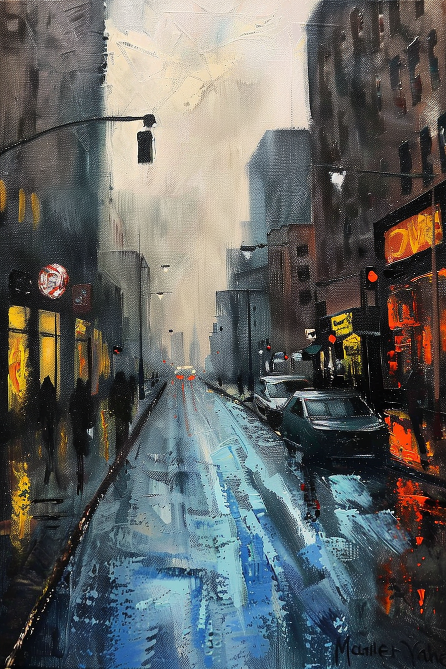 A painting of a rainy city street at dusk with illuminated shop fronts, parked cars, and reflective wet asphalt.