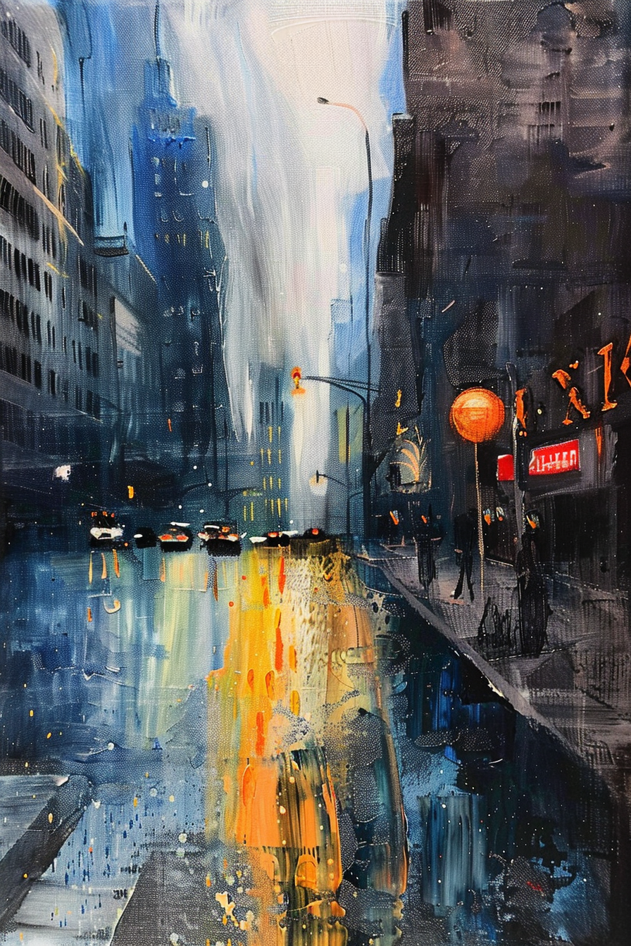 "Abstract cityscape painting depicting a rainy street with reflective surfaces, vibrant street lights, cars, and silhouettes of pedestrians."