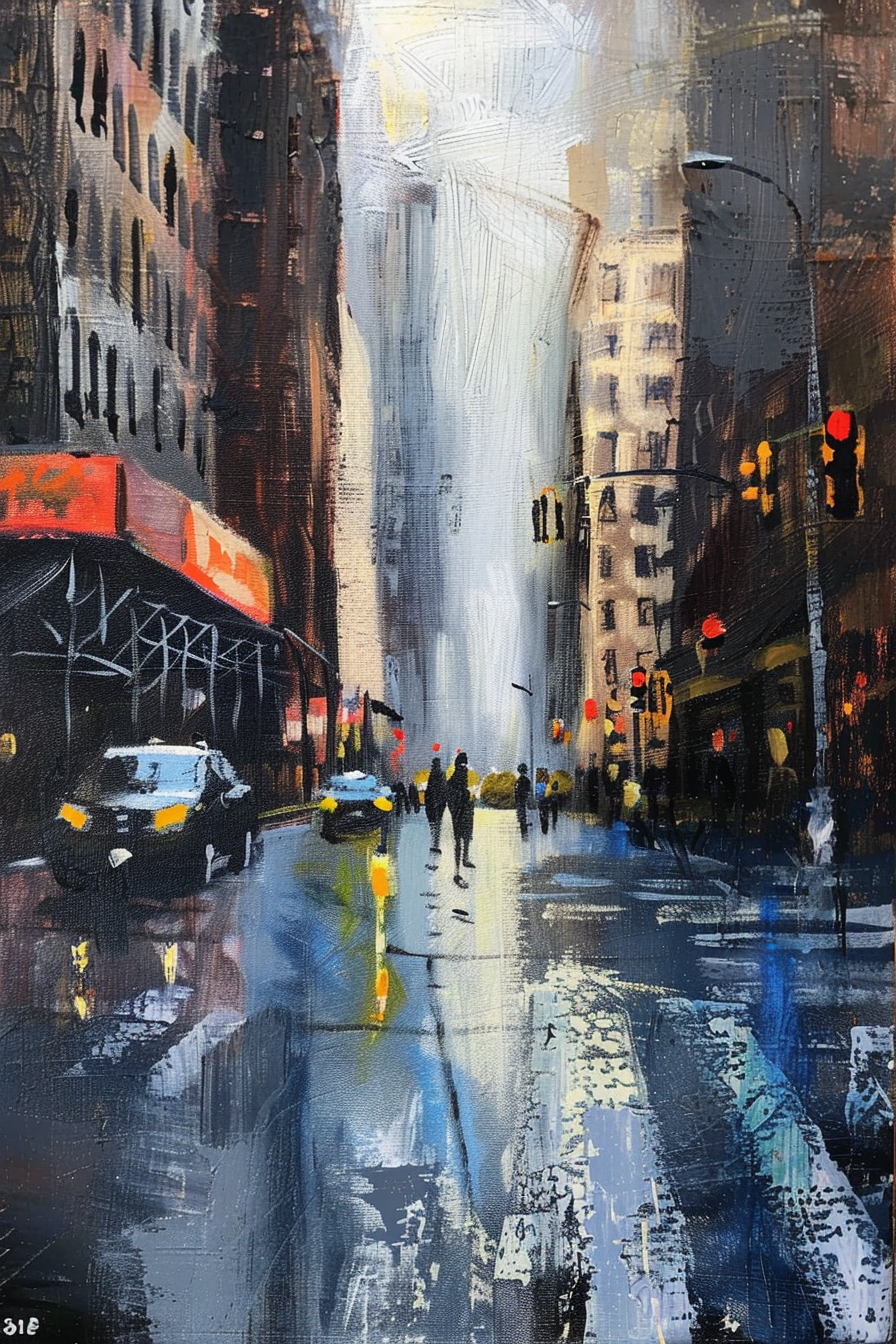"Abstract cityscape painting portraying a bustling urban street with pedestrians, vehicles, and traffic lights under an overcast sky."