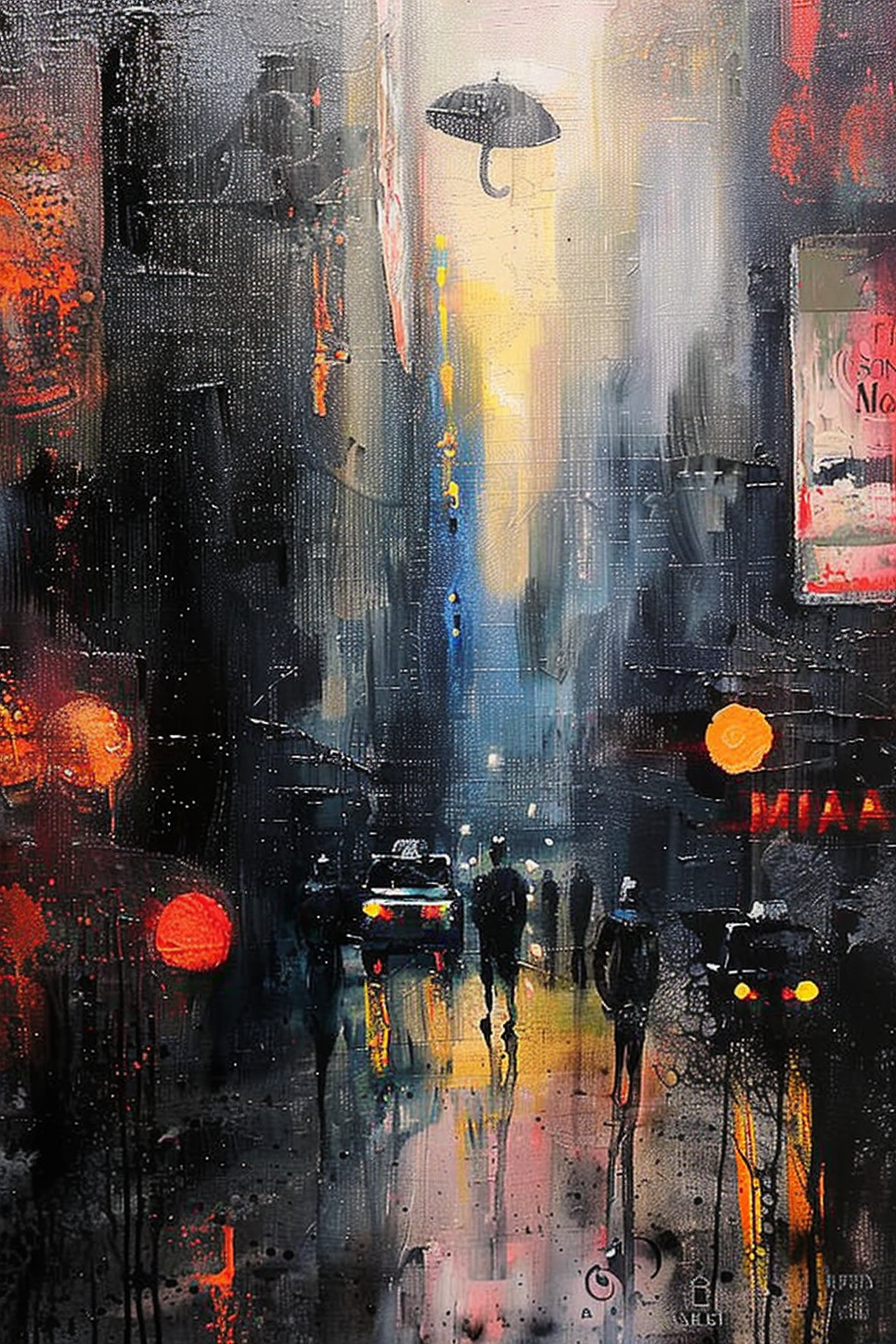 Abstract cityscape painting with vibrant colors depicting a rainy street scene with silhouettes of people and cars under glowing lights.