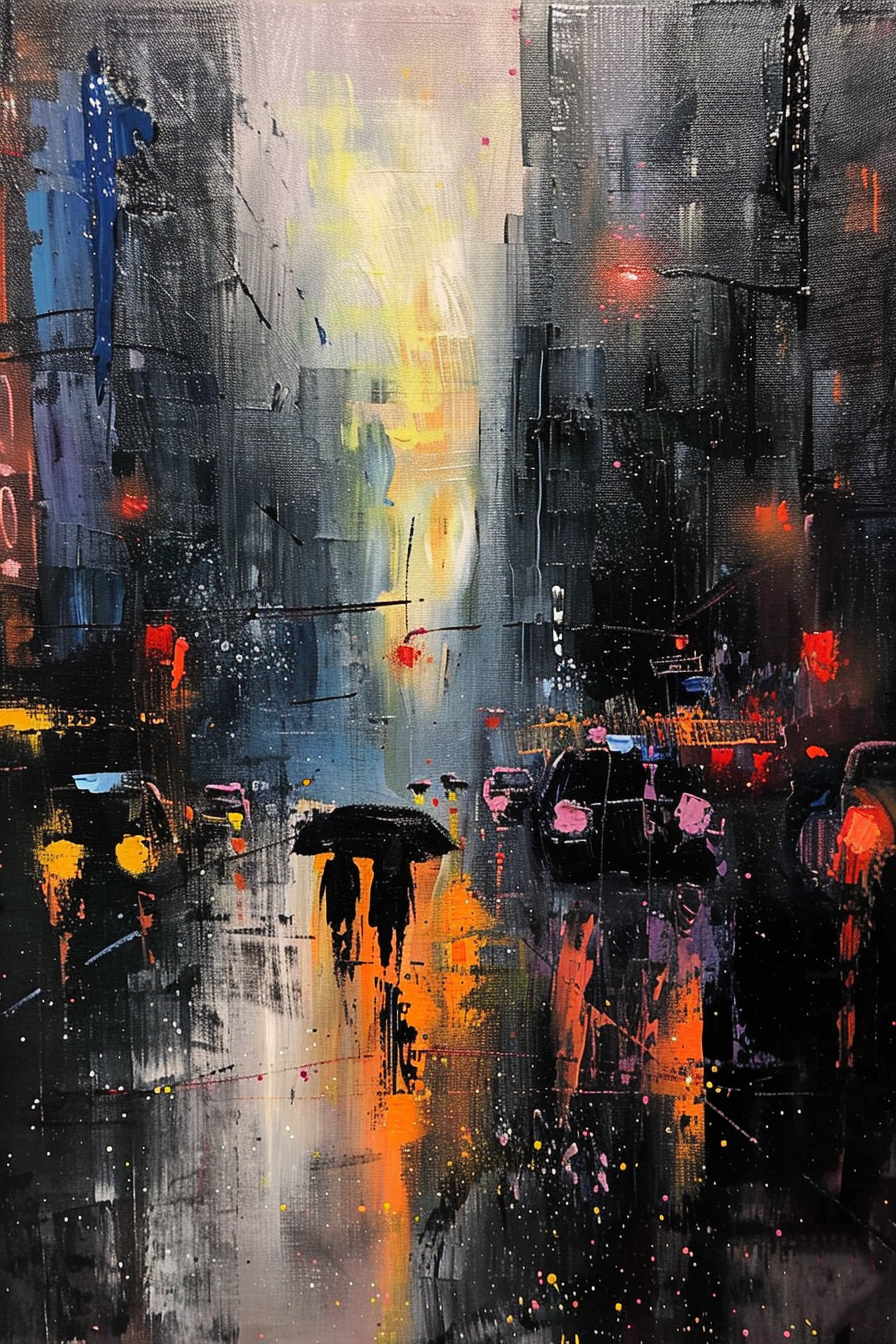 Abstract cityscape painting with vivid colors, depicting rain-soaked streets and silhouettes of people with umbrellas.