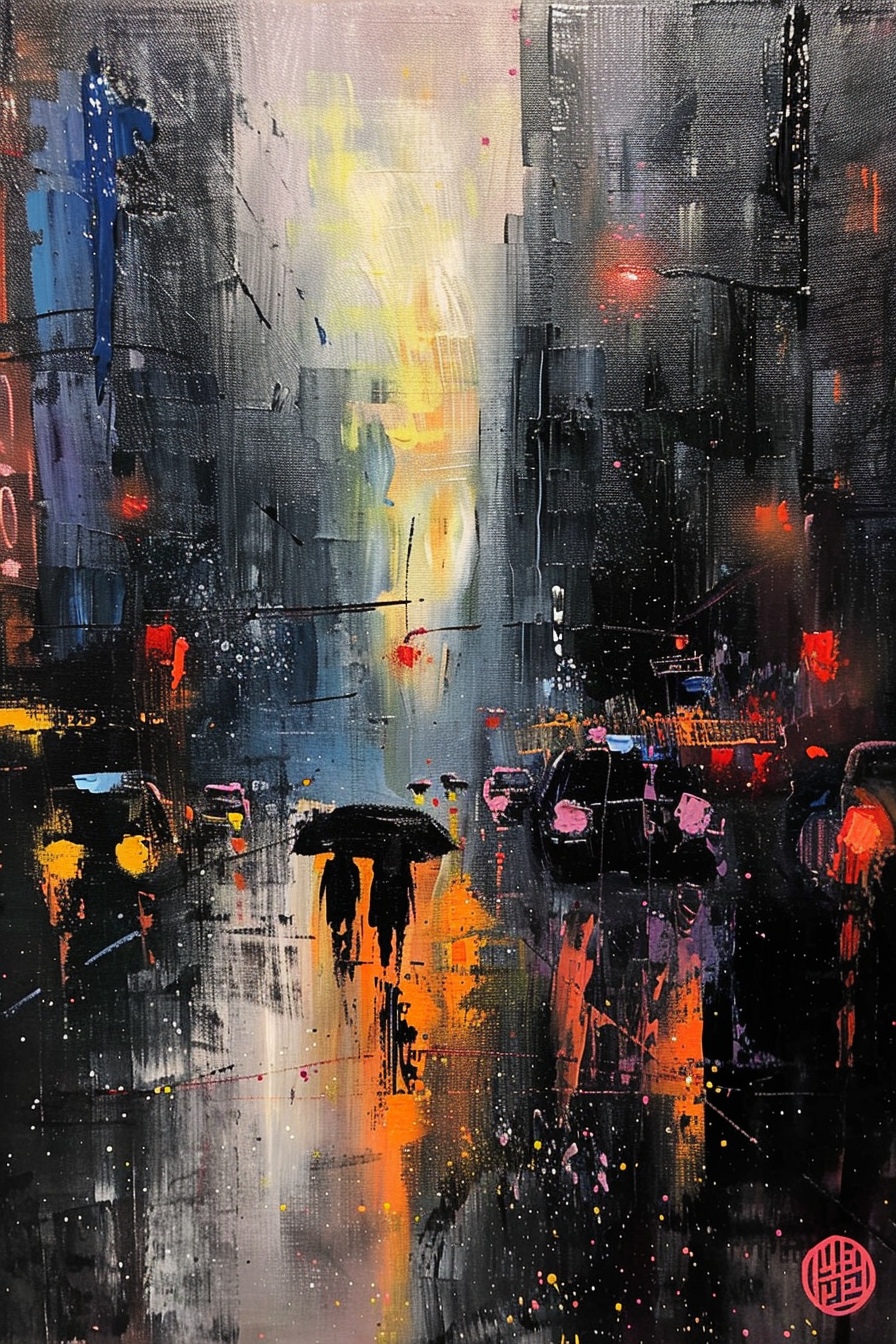 Abstract rainy cityscape painting with colorful reflections on wet pavement and silhouette of a person with an umbrella.