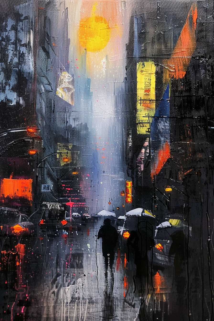 A painting of a rainy city street at night with blurred lights, pedestrians under umbrellas, and reflections on the wet surface.
