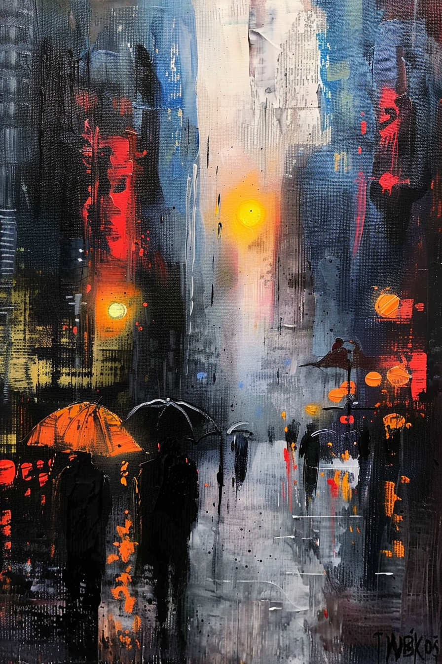 Abstract cityscape painting with blurred figures holding umbrellas under rainy, illuminated streetlights.