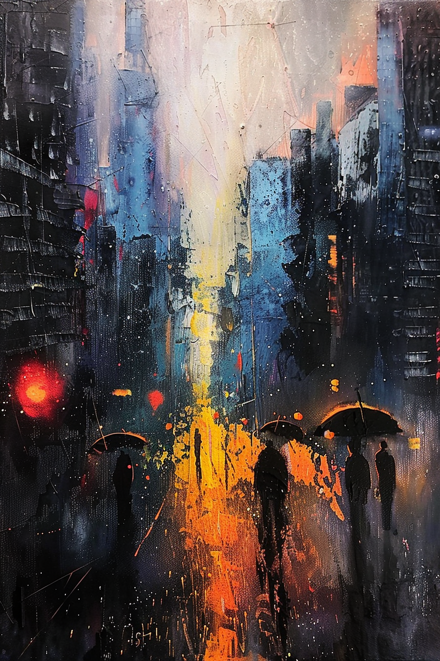 Abstract cityscape painting with silhouetted figures holding umbrellas under a colorful, rain-streaked sky.