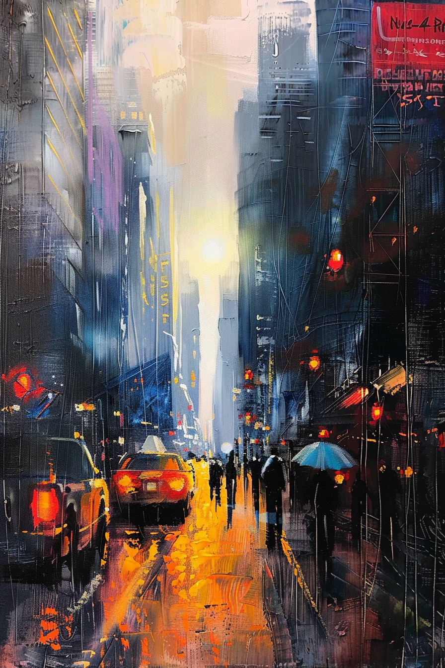 A vibrant street painting depicting a rainy cityscape with pedestrians, umbrellas, and glowing traffic lights.