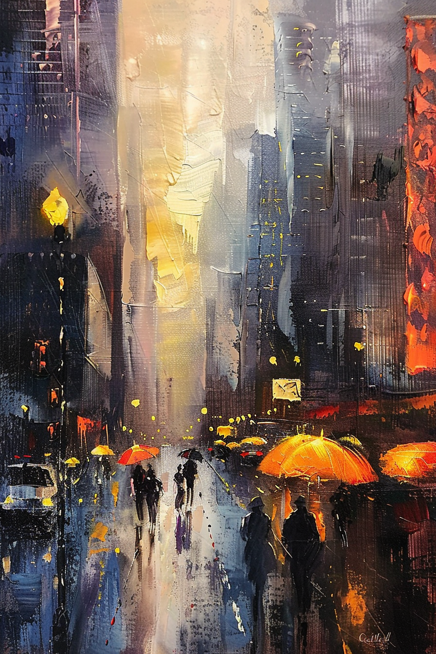 Colorful cityscape painting depicting pedestrians with umbrellas on a rainy street, flanked by the glow of streetlights and buildings.