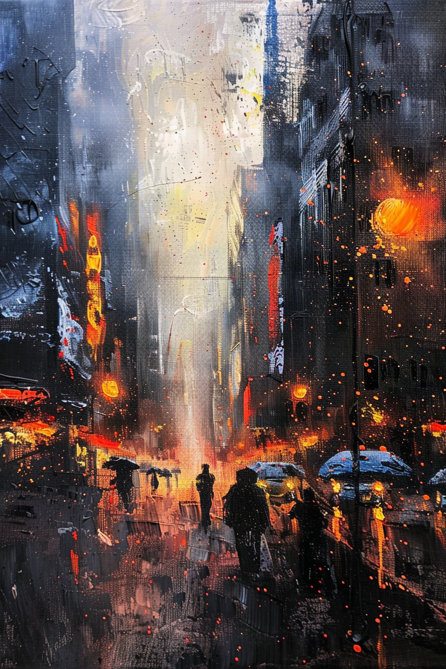ALT: Abstract cityscape painting with vibrant splashes of orange and red, depicting blurred figures with umbrellas on a rainy, streetlit evening.