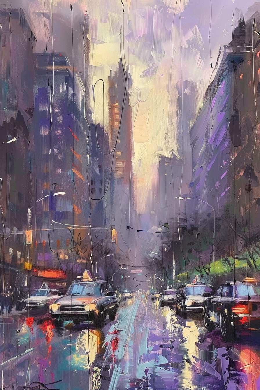 Abstract cityscape painting with vibrant colors depicting rainy streets and cars with illuminated headlights.