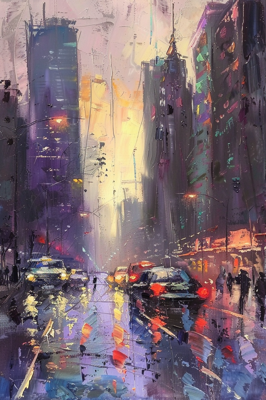 Abstract, colorful cityscape painting with impressionistic depiction of high-rise buildings, bustling street, and vibrant reflections on wet pavement.