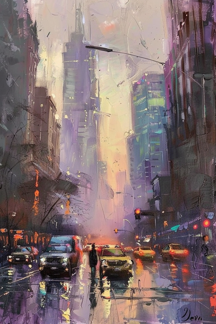 A vibrant, impressionistic painting depicting a bustling city street at dusk with colorful reflections on wet pavement.