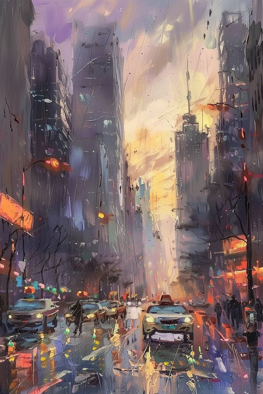 "Abstract cityscape painting with vivid colors depicting bustling city street at dusk, highlighted by reflections of lights on wet pavement."