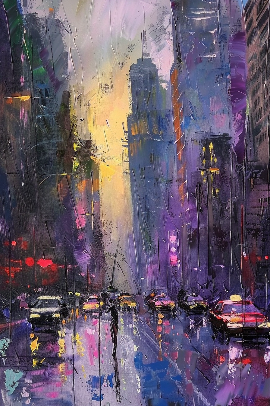 Abstract, colorful painting of a rainy city street with blurred car lights and urban buildings.