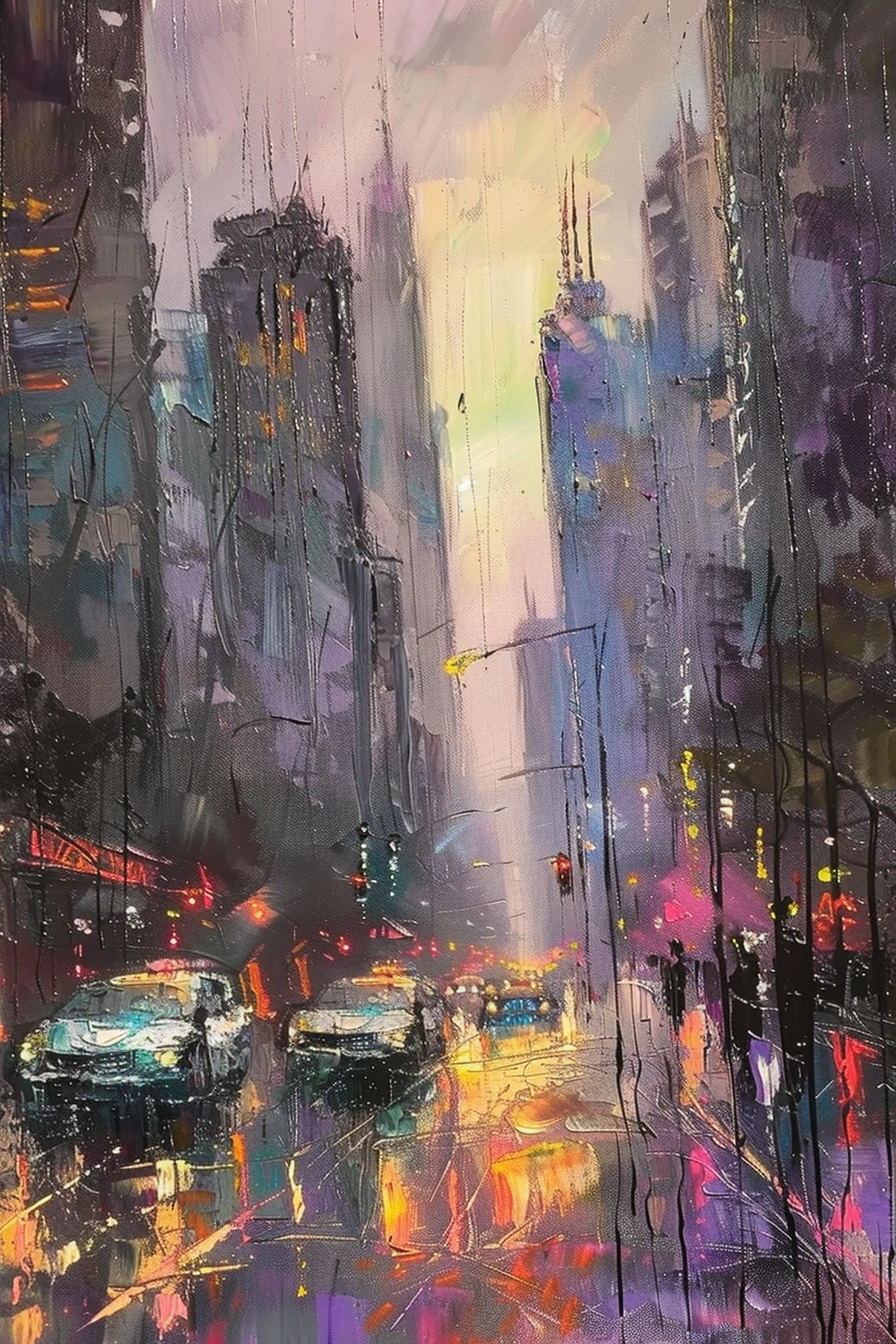 "Vibrant cityscape painting with towering buildings, street lights, and cars reflecting on wet streets, creating a dynamic mix of color and light."