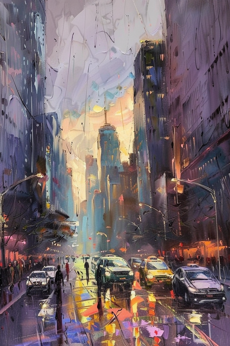 Colorful impressionistic cityscape painting depicting a rainy street with cars, pedestrians, and illuminated skyscrapers at dusk.