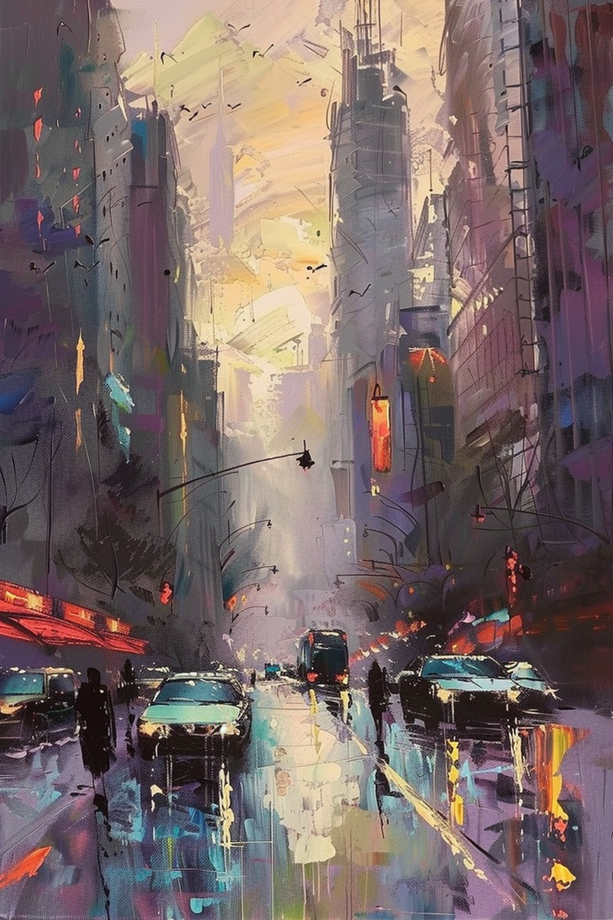 Abstract cityscape painting with vibrant strokes depicting tall buildings, bustling street life, and reflections on a wet road.