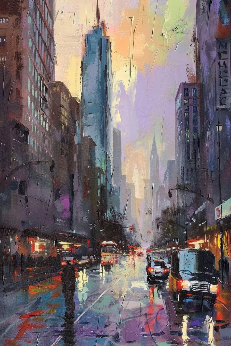 "Colorful impressionistic cityscape painting depicting a rainy street with reflections, vehicles, and pedestrians."