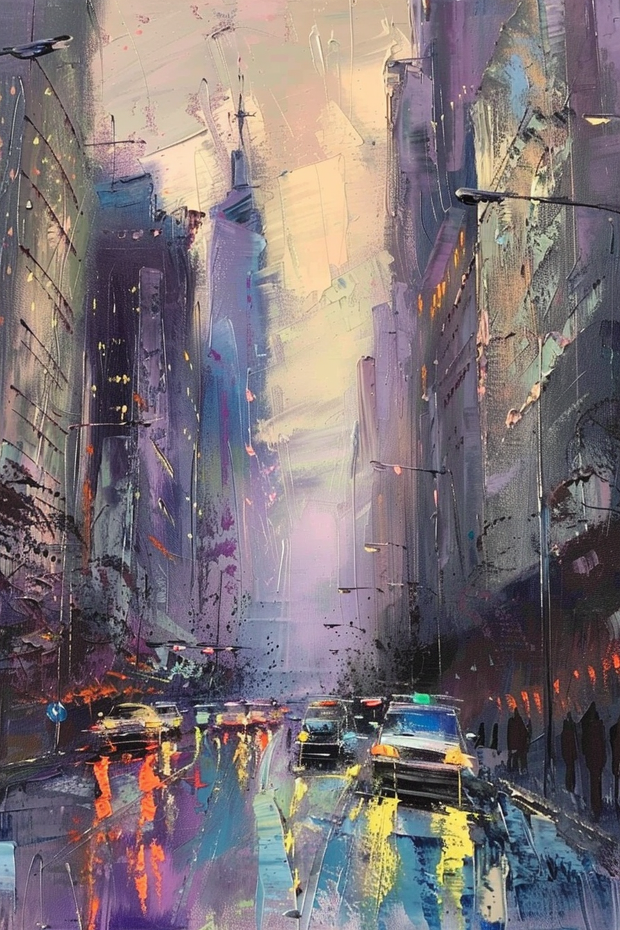 "Abstract city street painting with vibrant colors reflecting off wet pavement, capturing the bustling urban atmosphere."