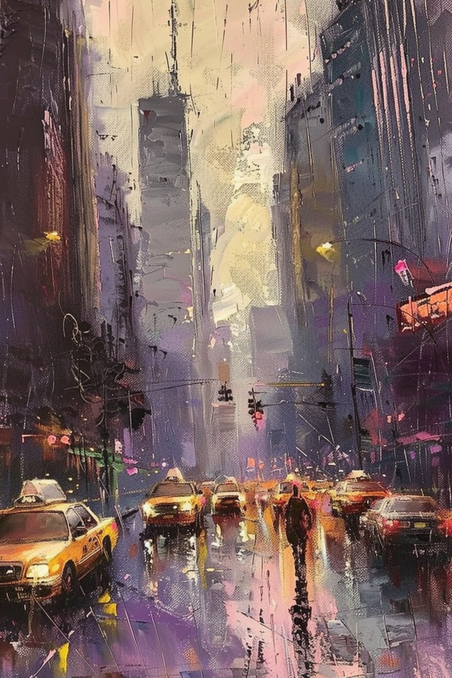 Impressionistic painting of a bustling city street at nightfall with reflective wet pavement and the glow of yellow taxi lights.