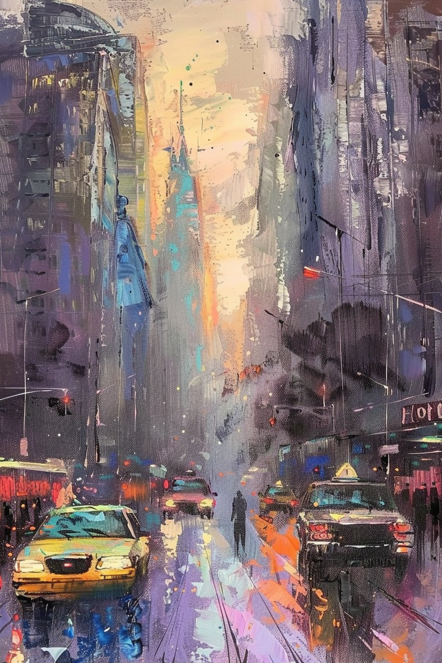 Colorful, impressionistic cityscape painting with yellow taxis on a rain-slicked street amidst tall buildings, with vibrant sunset hues.