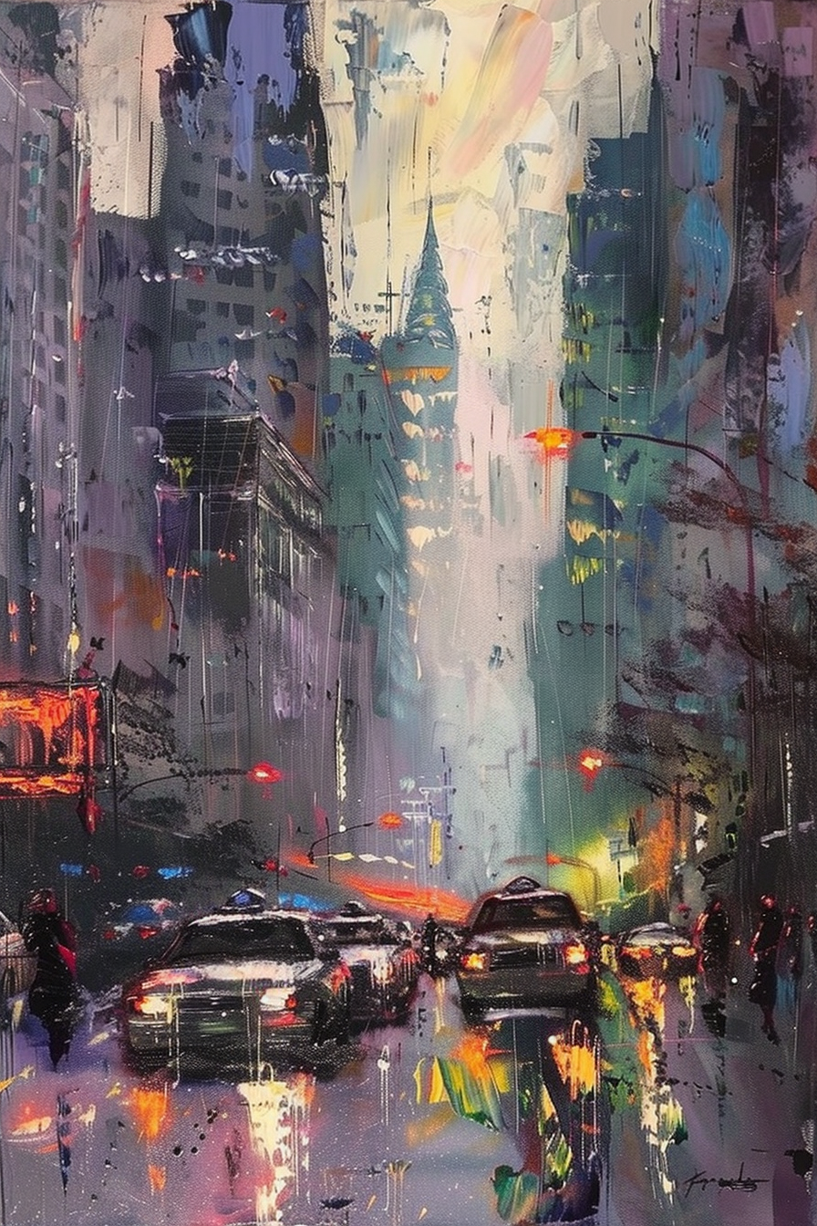 Abstract cityscape painting with vivid colors depicting rainy street scene with cars and pedestrians reflected on wet pavement.