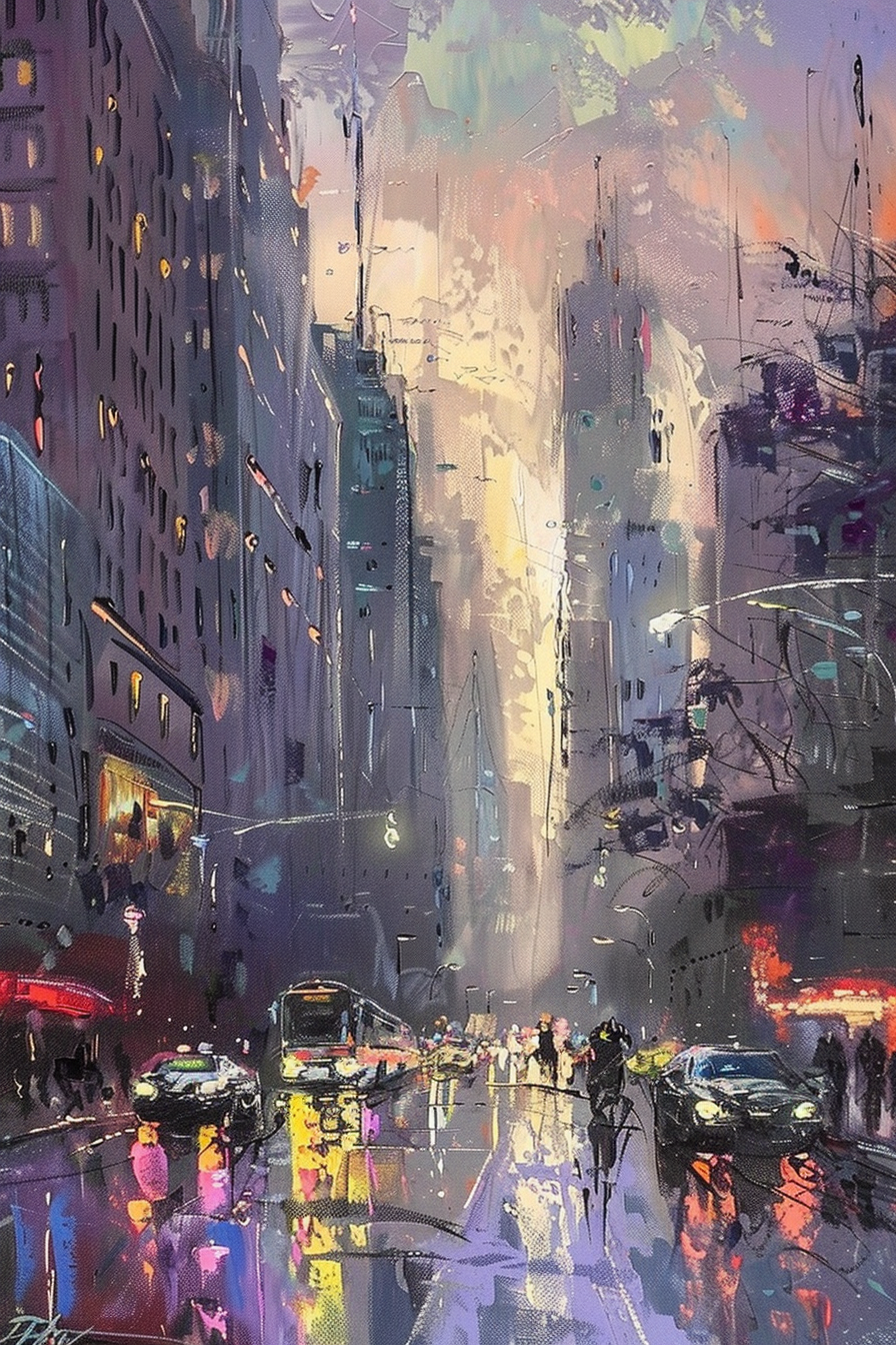 Colorful impressionistic cityscape painting depicting a bustling street with pedestrians, vehicles, and reflective wet surfaces.