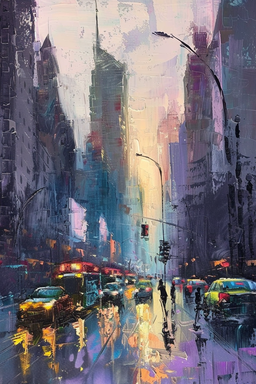 Abstract impressionistic painting of a vibrant city street with silhouettes of tall buildings, vehicles, and street lights reflecting on a wet surface.