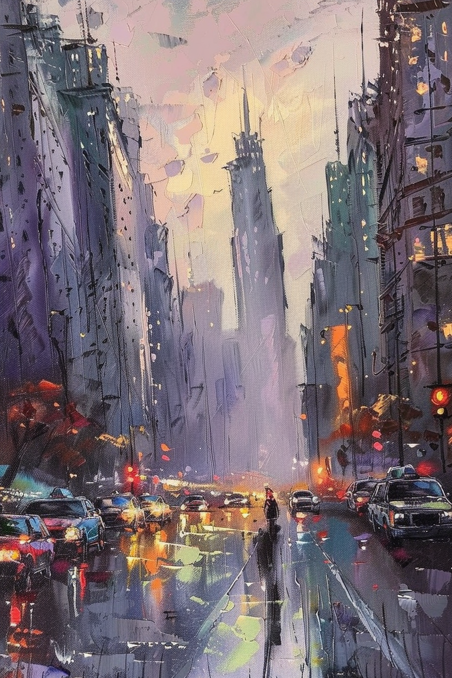 Vibrant city street painting with rain, reflective lights, towering buildings, and a lone figure walking down the center.