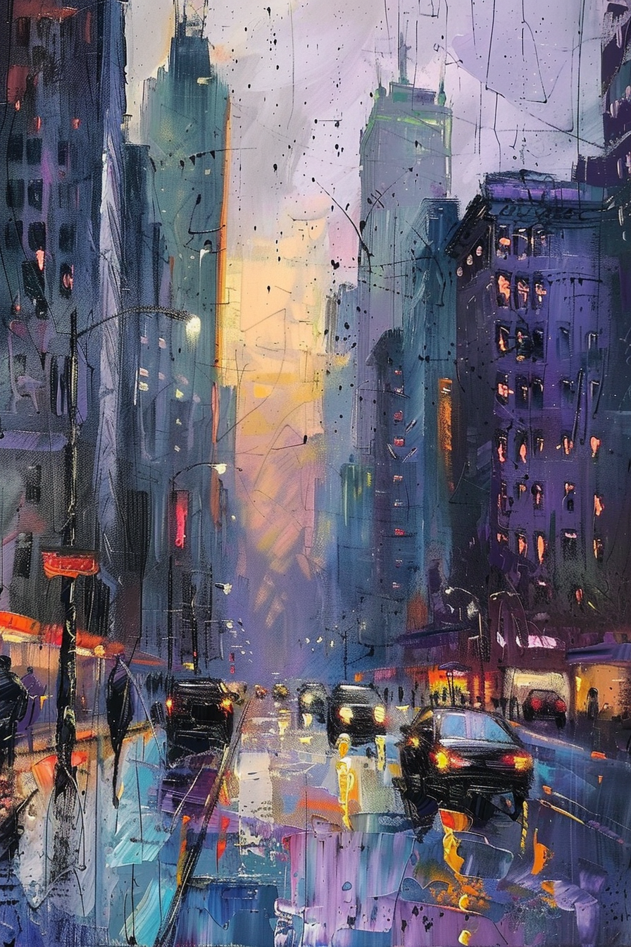 Abstract-style painting of a vibrant city street at dusk with illuminated buildings and cars reflected on a wet road.
