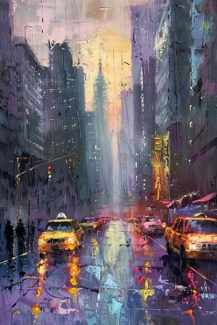 "Colorful, impressionistic cityscape painting depicting rainy streets with blurred yellow taxis and illuminated buildings."