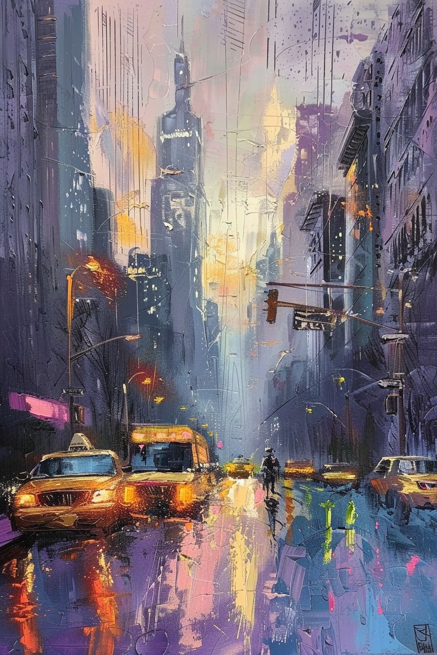 ALT text: Impressionistic cityscape painting with vibrant colors depicting a rain-soaked street, glowing taxi cabs, and silhouettes of pedestrians.