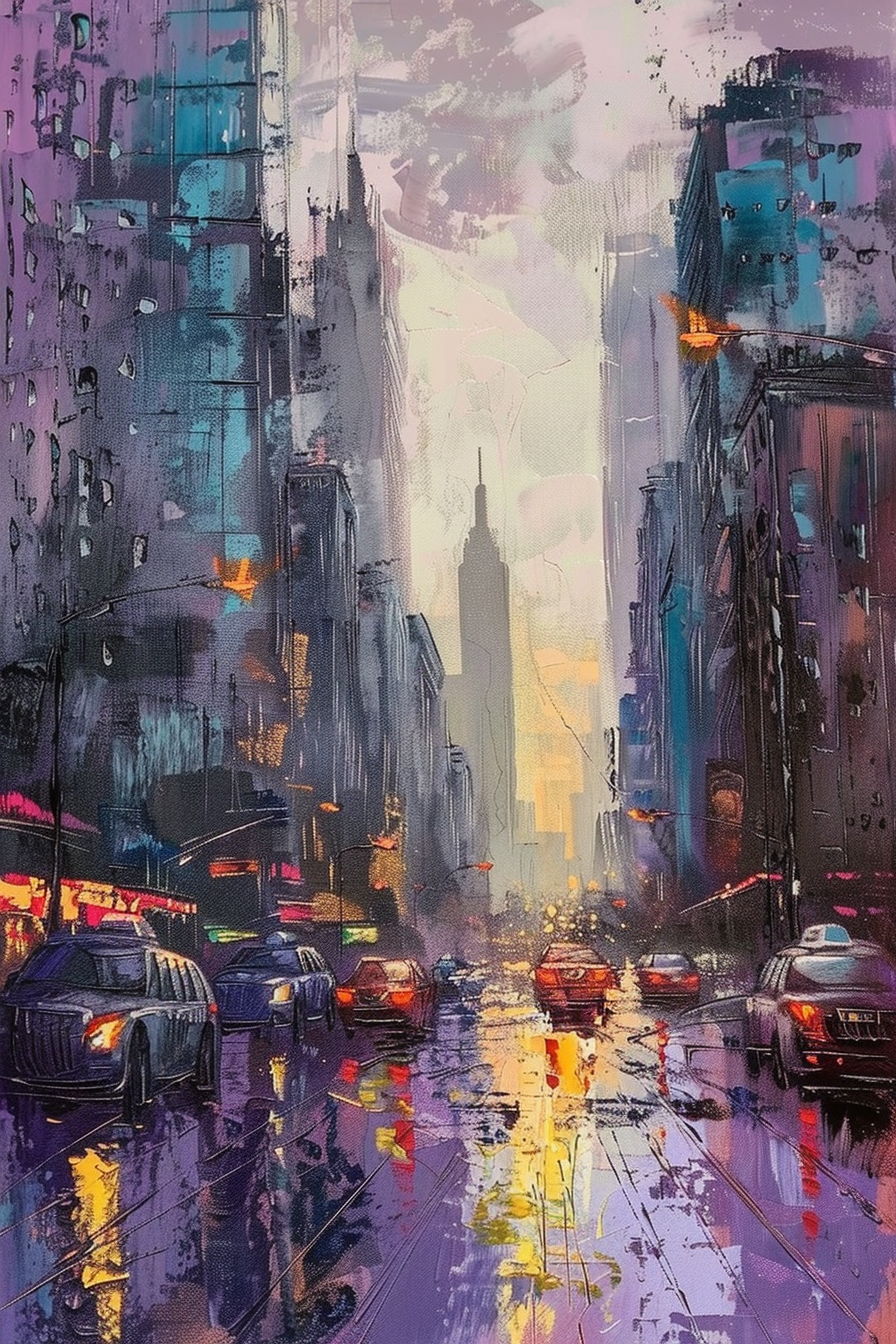 Colorful impressionistic painting of a rainy city street with cars, vibrant reflections on wet pavement, and towering buildings.