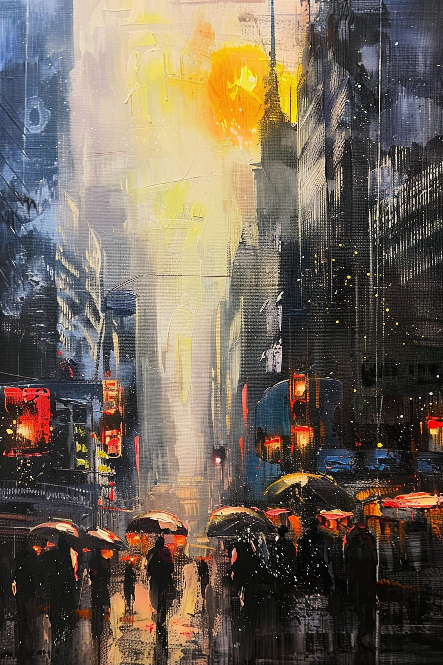 A vibrant city street painting with pedestrians holding umbrellas and colorful reflections of car lights on the wet road.