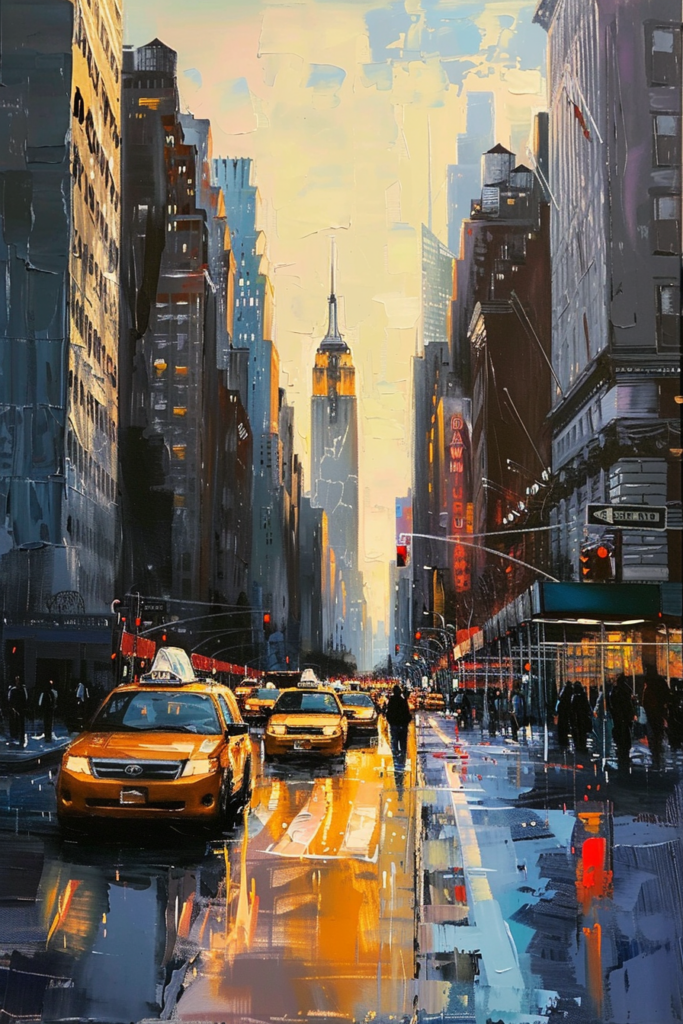 Colorful painting of a busy city street with yellow taxis, pedestrians, and skyscrapers against a sunset sky.