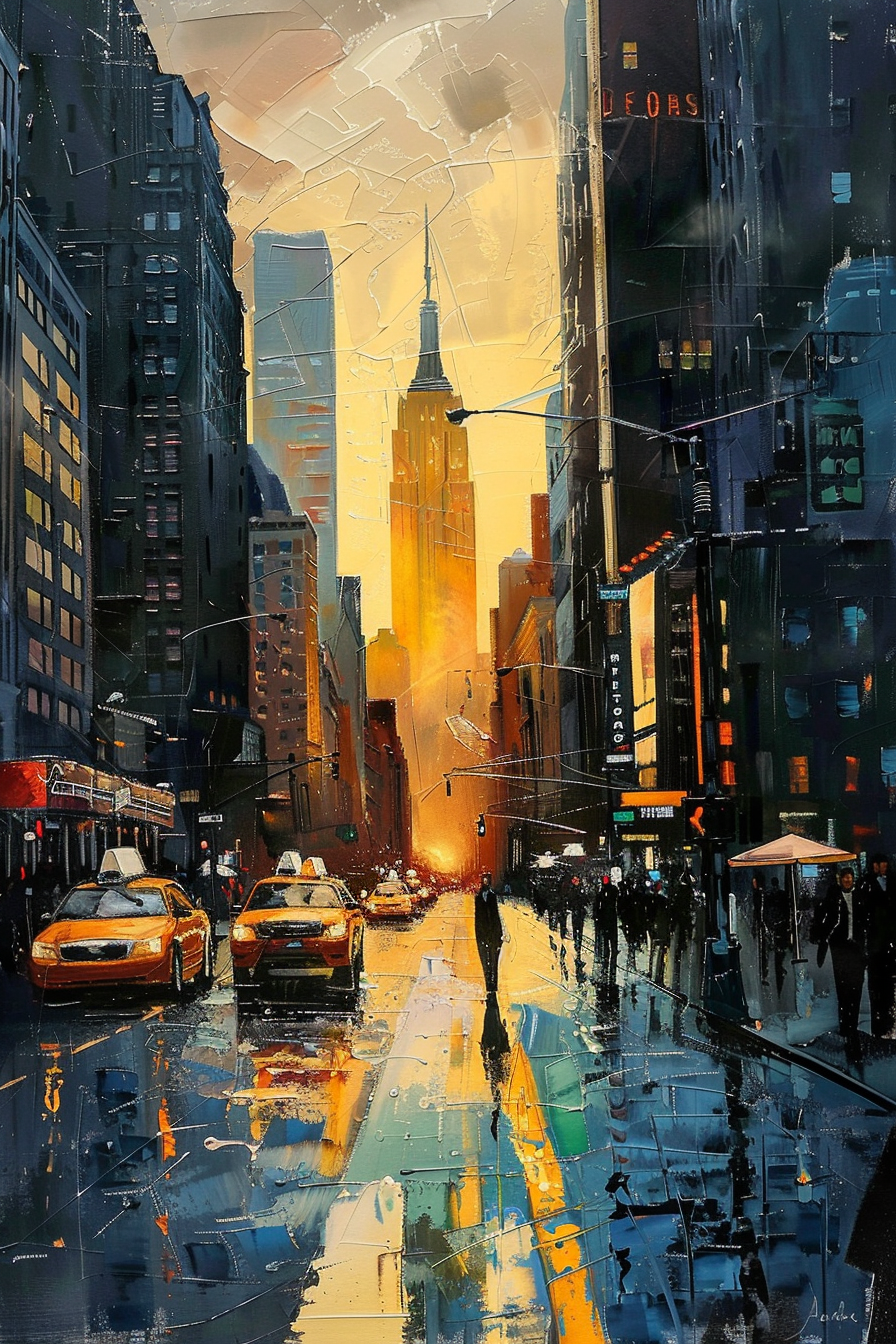 "Vibrant painting of a bustling city street at sunset with yellow taxis, pedestrians, and reflective wet pavement, against a backdrop of tall buildings."