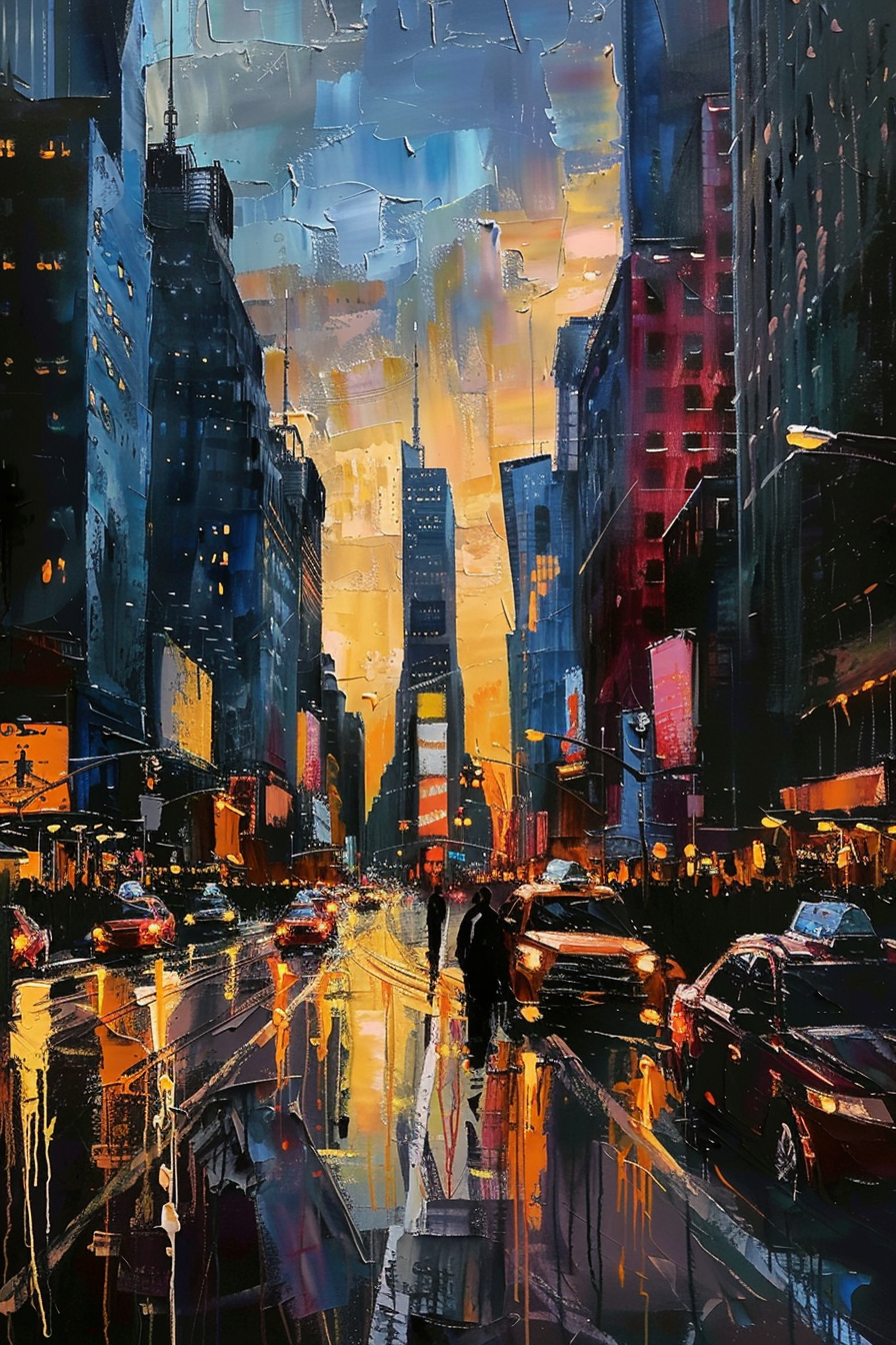 Vibrant cityscape painting with bold colors depicts busy urban street at dusk, reflecting lights on wet pavement.