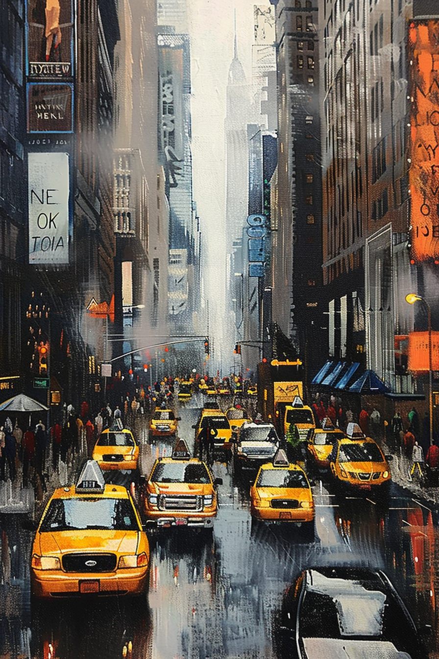 ALT: Rain-drenched city street bustling with people and lined with yellow taxis, tall buildings fading into a misty backdrop.