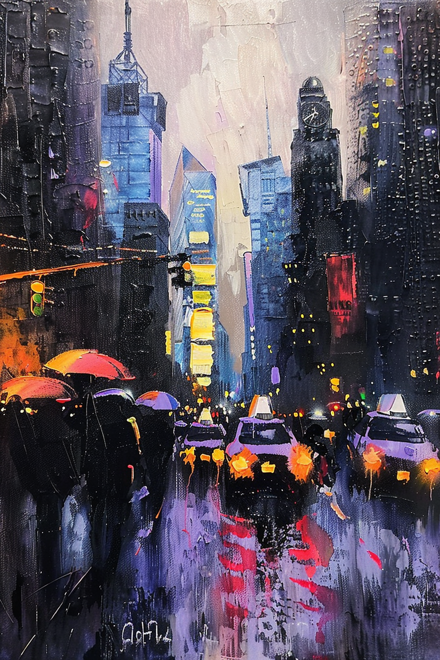 Colorful expressionist painting of a bustling city street in the rain with cars and people carrying umbrellas.