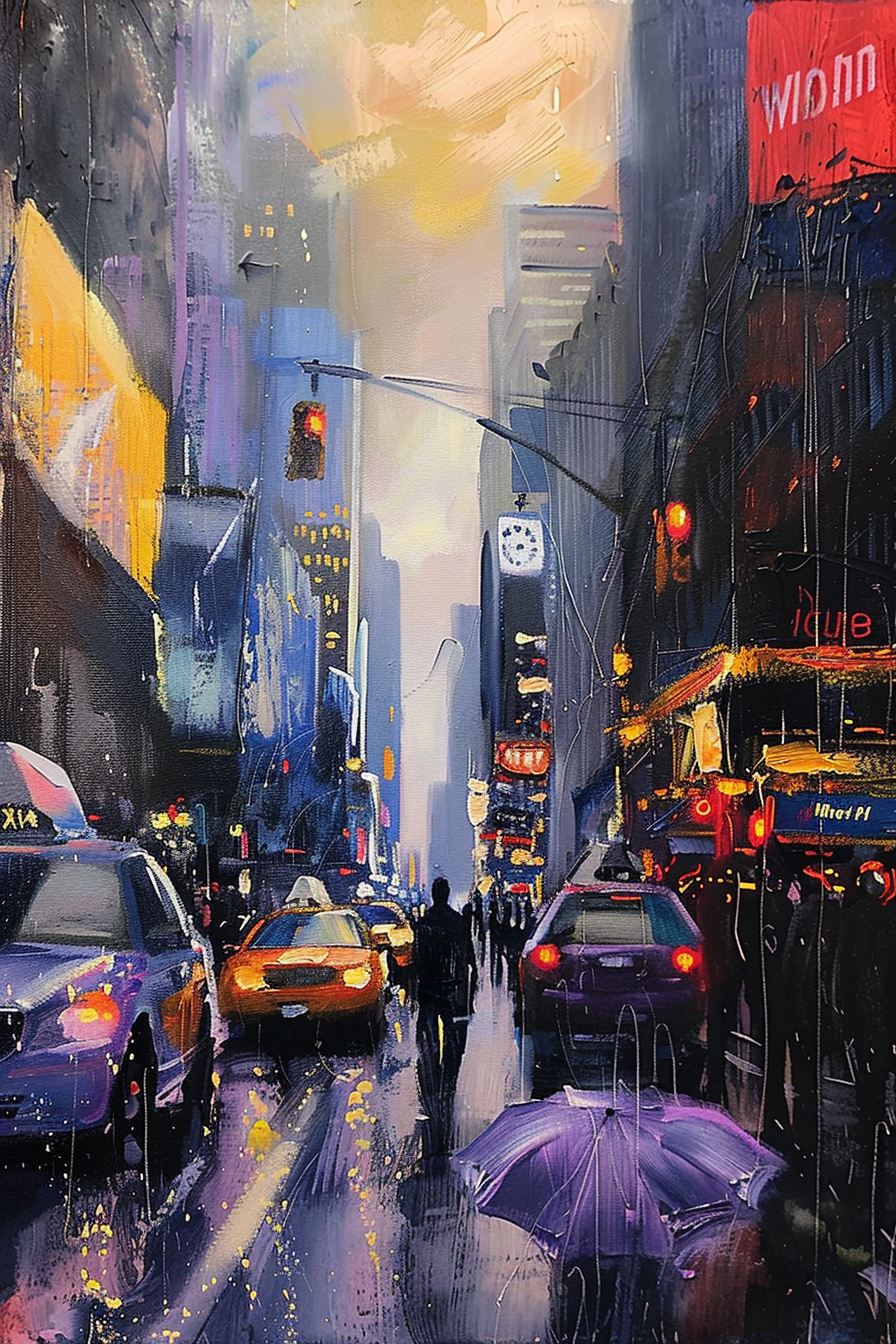 Colorful painting of a city street at dusk with illuminated buildings, cars, and a person under an umbrella.