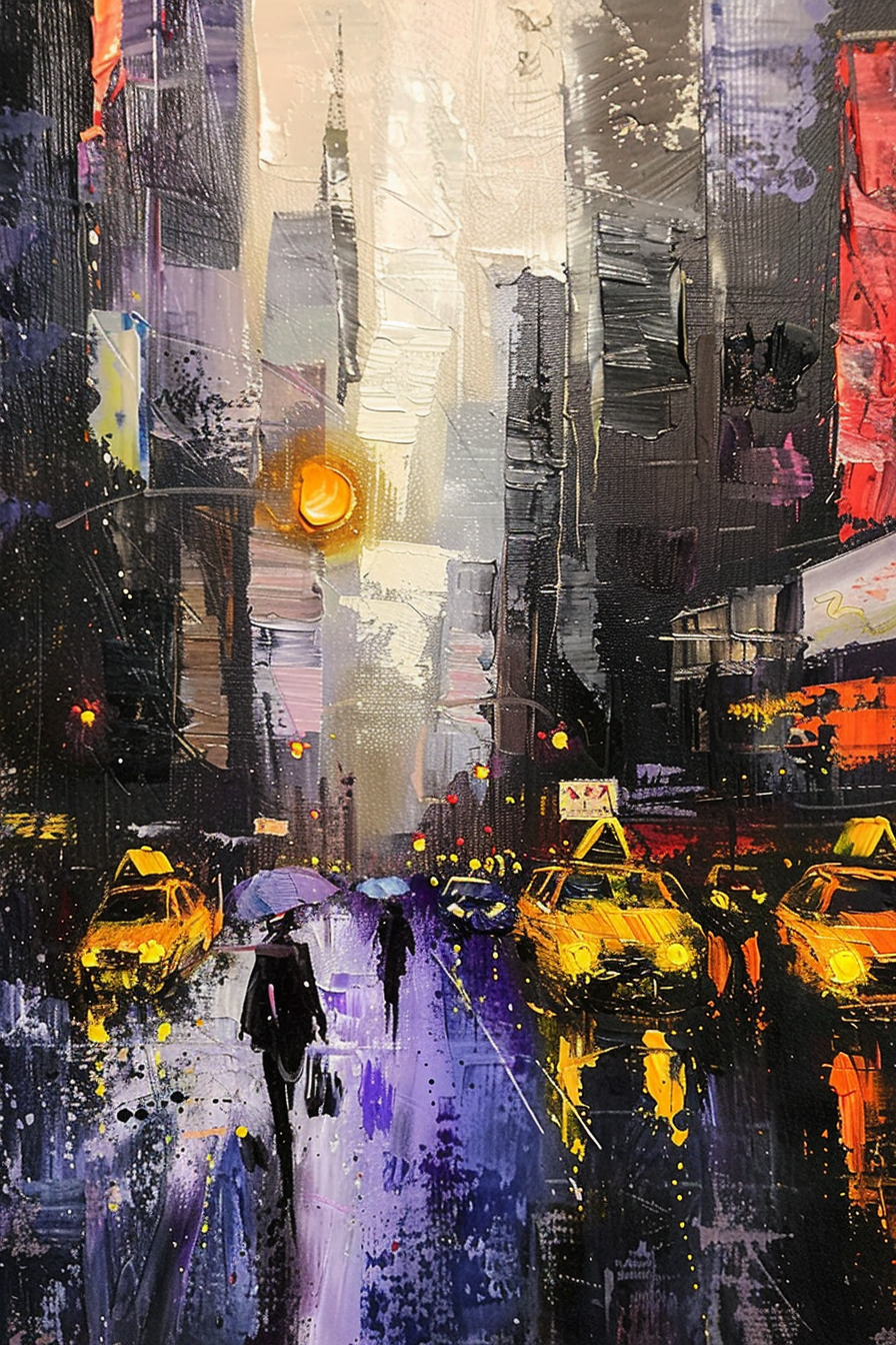 Abstract cityscape painting with vivid splashes of color depicting figures with umbrellas and yellow taxis on a rainy street.