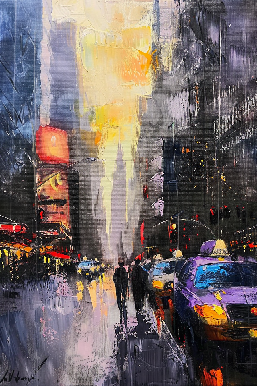 Abstract city street painting with vibrant colors depicting rainy evening, blurred pedestrians, and cars under glowing lights.