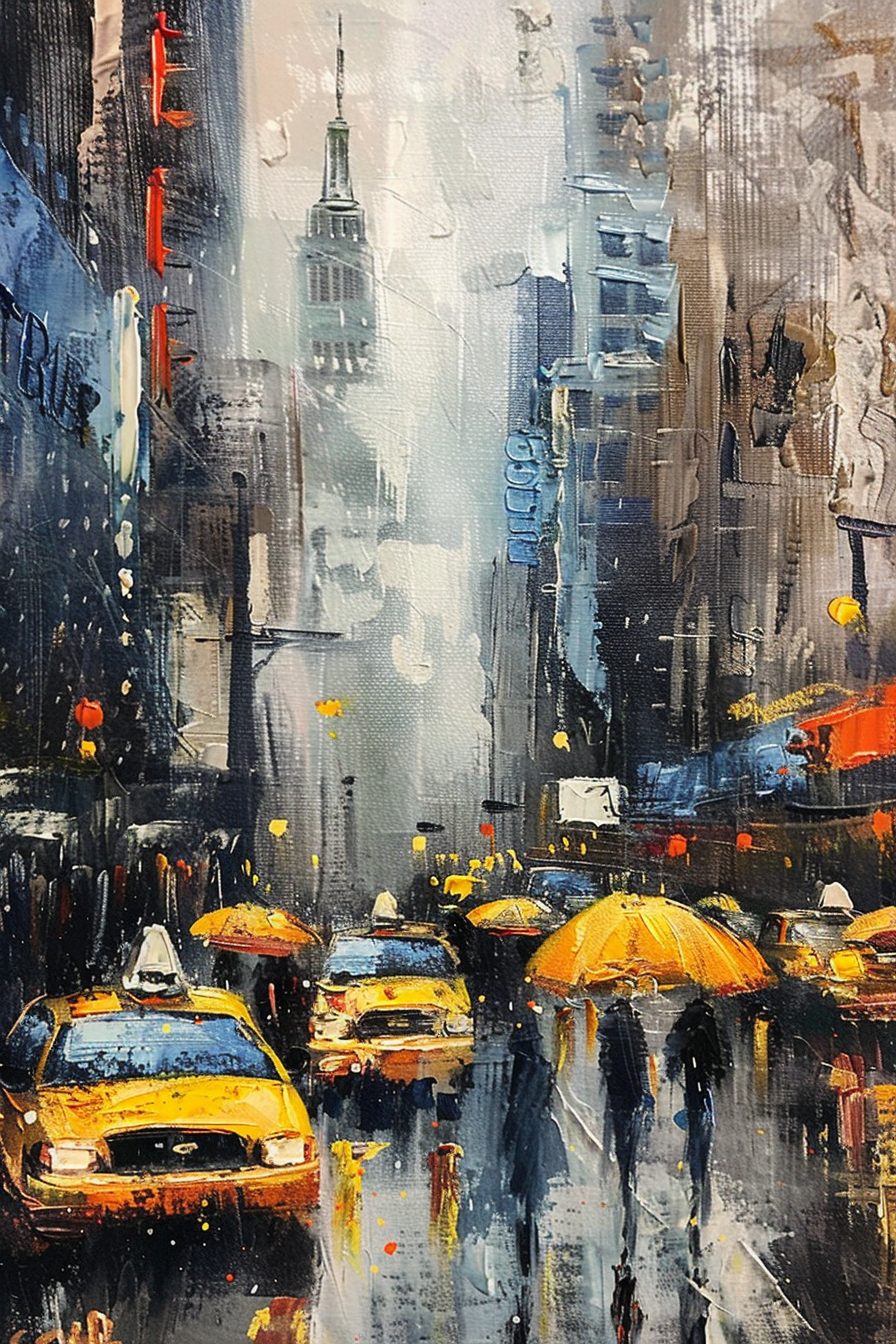 "Abstract cityscape painting with blurry yellow taxis, pedestrians with umbrellas, and impressionistic urban high-rises on a rainy day."