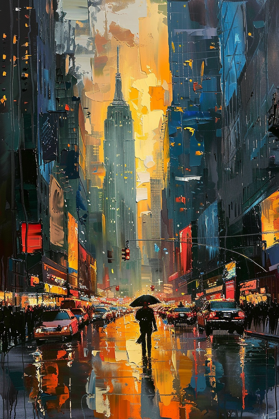 Vibrant cityscape painting with a silhouette of a person holding an umbrella, reflecting in the wet street below amidst skyscrapers.