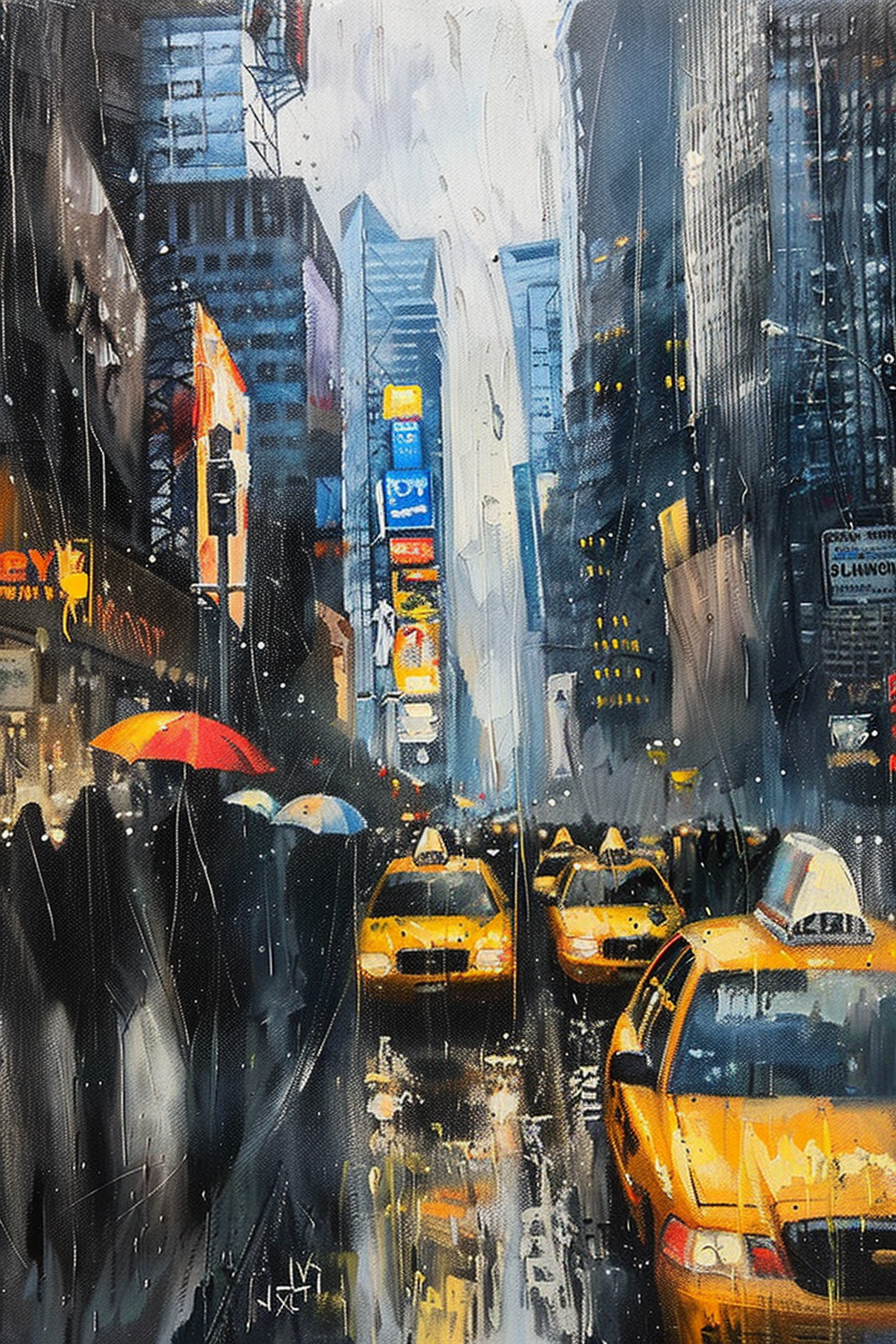 Painting of a rain-drenched city street with yellow taxis and pedestrians with umbrellas, amidst towering skyscrapers.