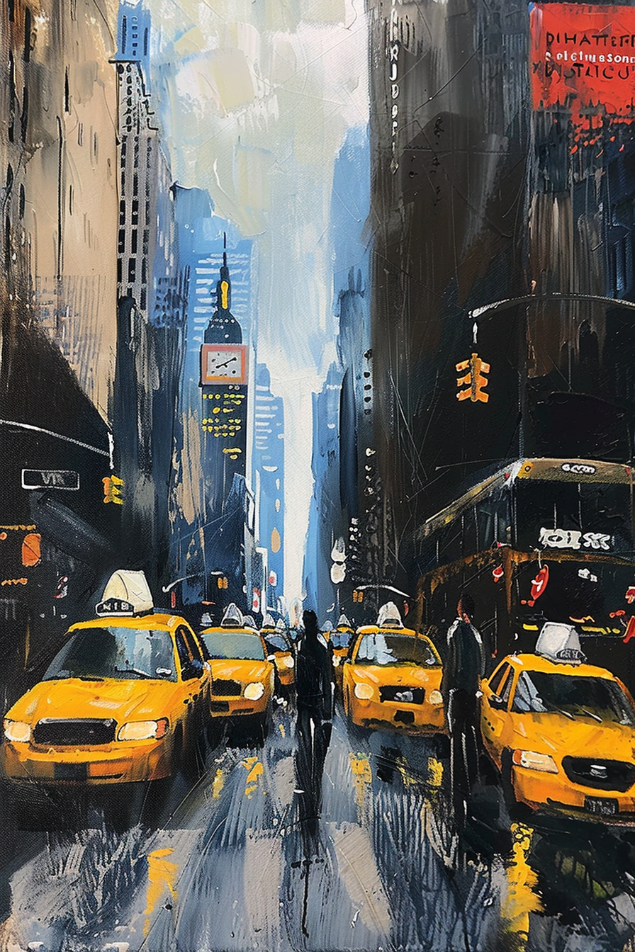 ALT text: Vibrant painting of a bustling city street with yellow taxis, pedestrians silhouette, and towering buildings under a blue sky.