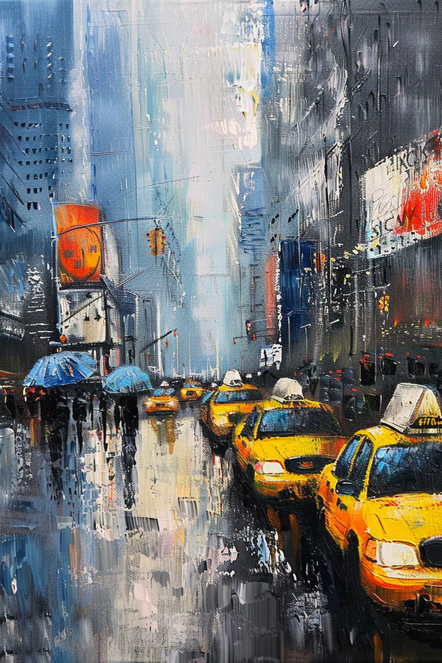 A vibrant, abstract cityscape painting with yellow taxis in the foreground and blurred urban details.