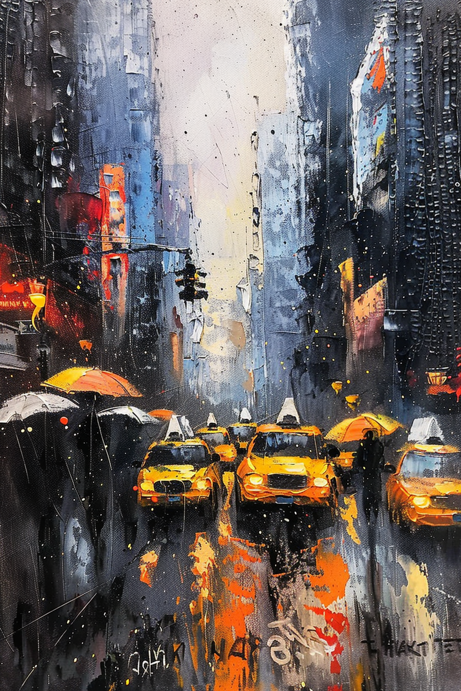 Abstract cityscape painting with vibrant yellow taxis, dotted umbrellas, and rain-streaked skyscrapers.